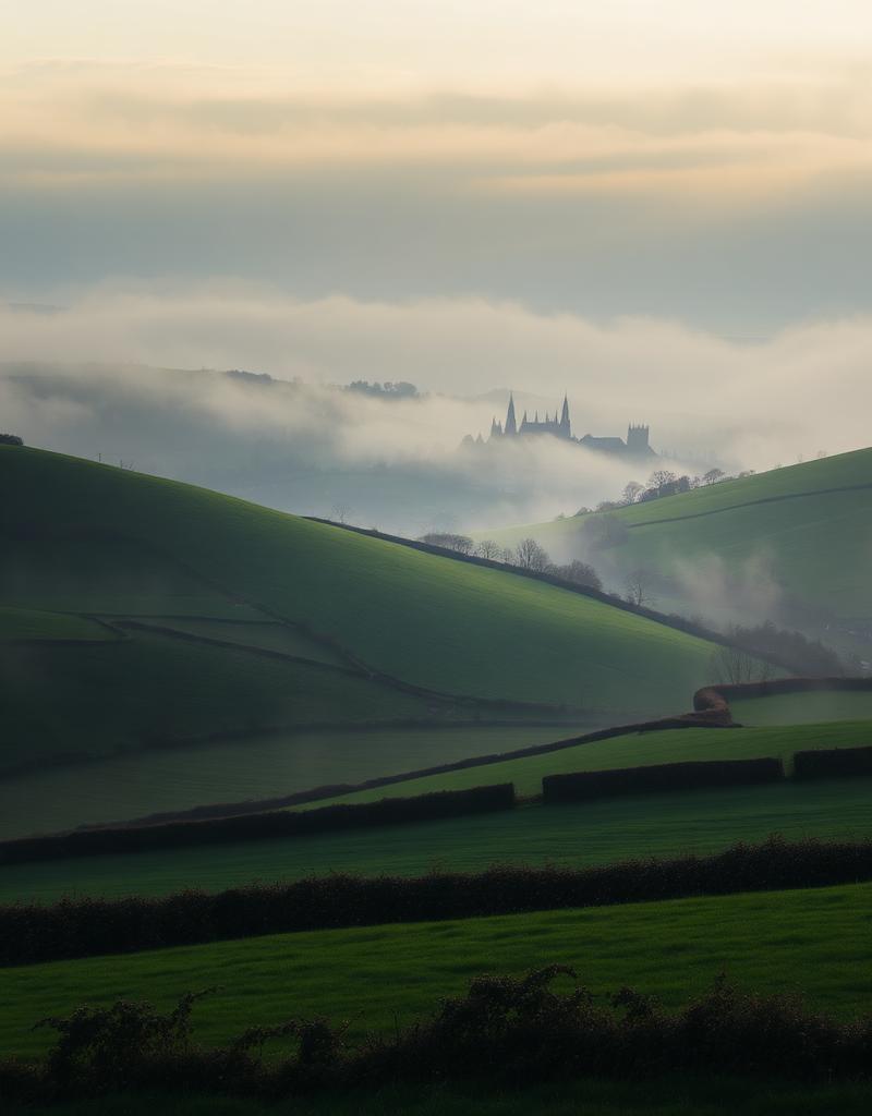 Misty view across the valley at dawn